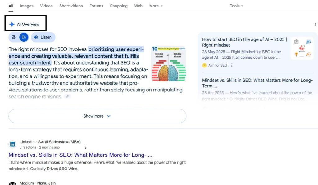 AI overview appears on top of search results.