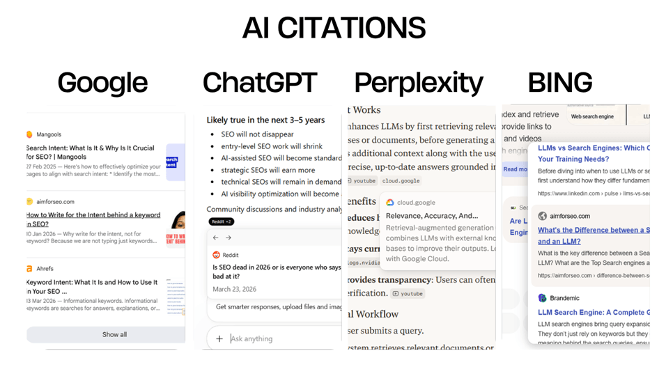 Examples of AI citations on various platforms
