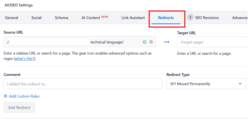 adding redirects in all in one seo plugin
